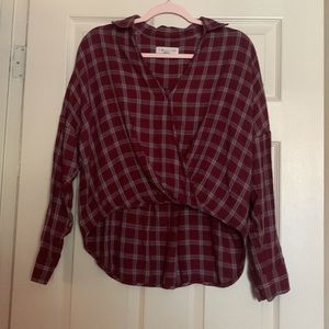 Lou & Grey by Loft Oversized High-Low Plaid Faux Wrap Long Sleeve Top size Small